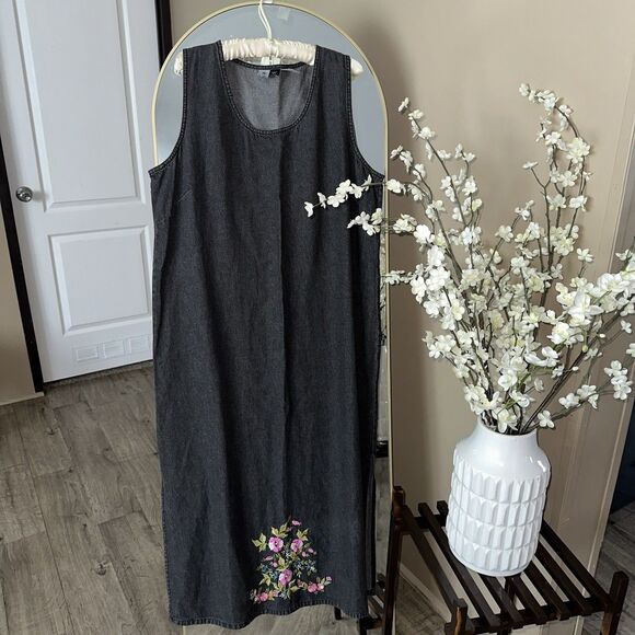 Vintage Studio‎ West Size 1X Tailored Denim Embroidered Midi Dress 100% Cotton - Picture 1 of 9